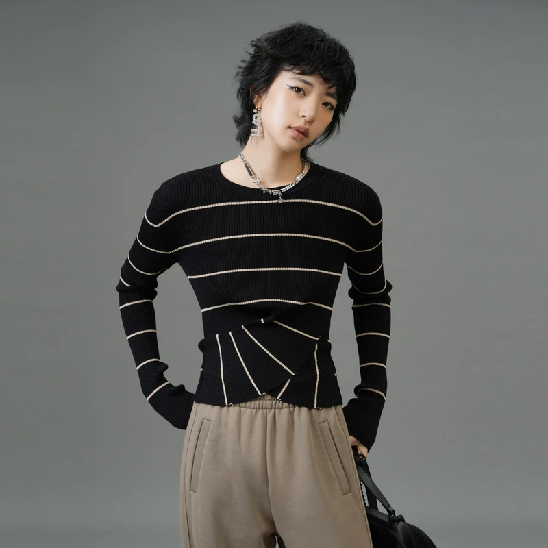 【milixu&u/ti联名款】条纹拼接设计感套头针织衫上衣