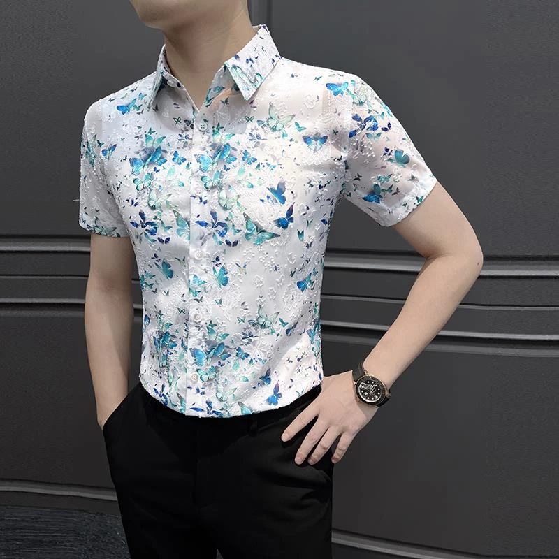 蕾丝镂空花衬衫男士短袖夏季薄款2025新款痞帅男装高级感衬衣男款