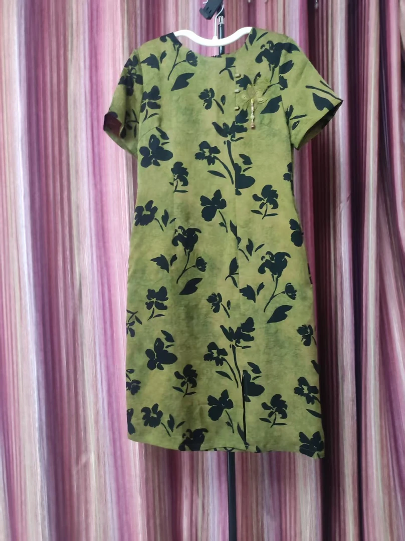 花罗提花女装短袖旗袍裙春夏秋季香云纱黄绿色高端连衣裙