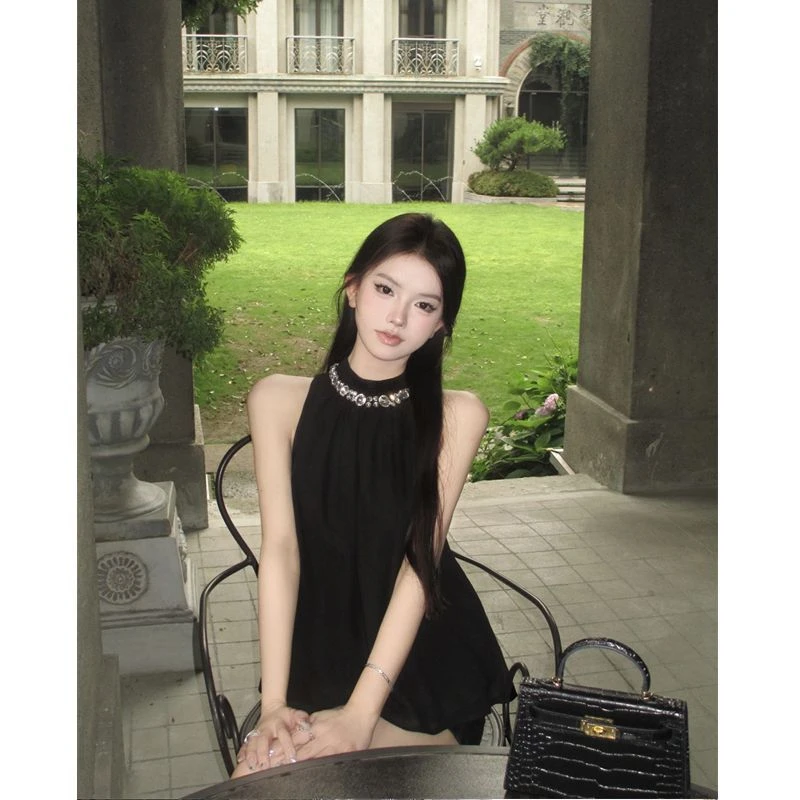 【91%好评率】重工水钻无袖挂脖雪纺衫女装2025夏季新款高级感显瘦