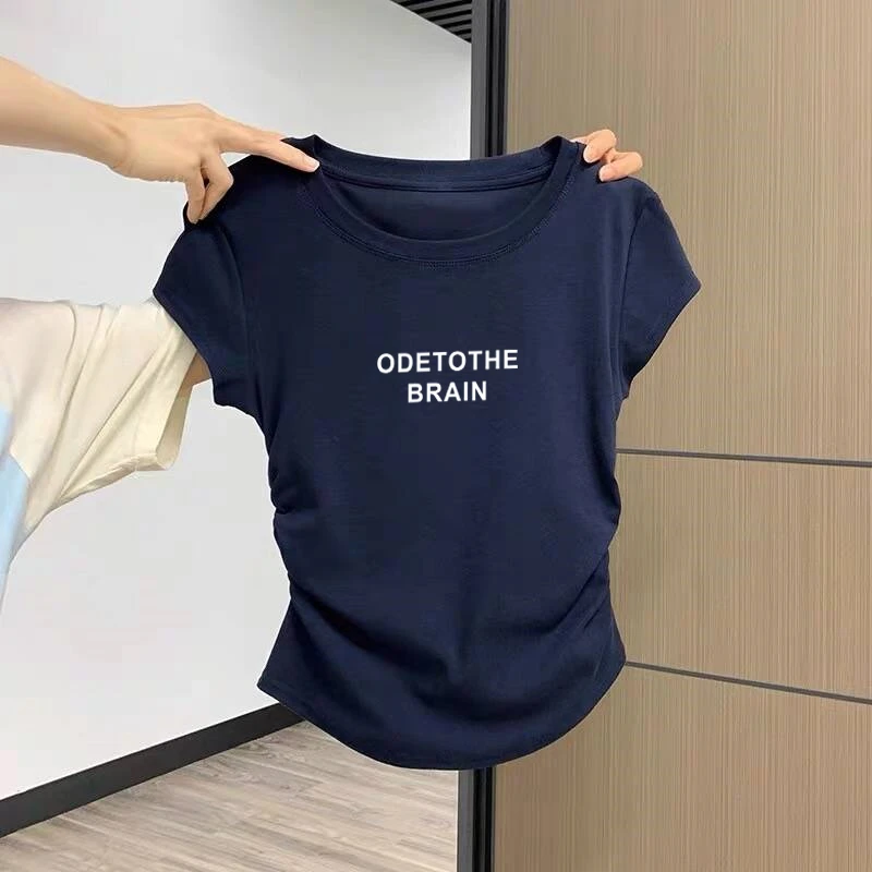 不规则褶皱圆领短袖t恤女夏季设计感修身短款小个子正肩体恤上衣