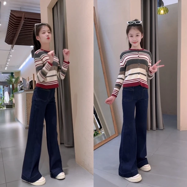 裤子休闲春秋纯色女童中大童大码显瘦高腰直筒时尚外穿宽松秋季