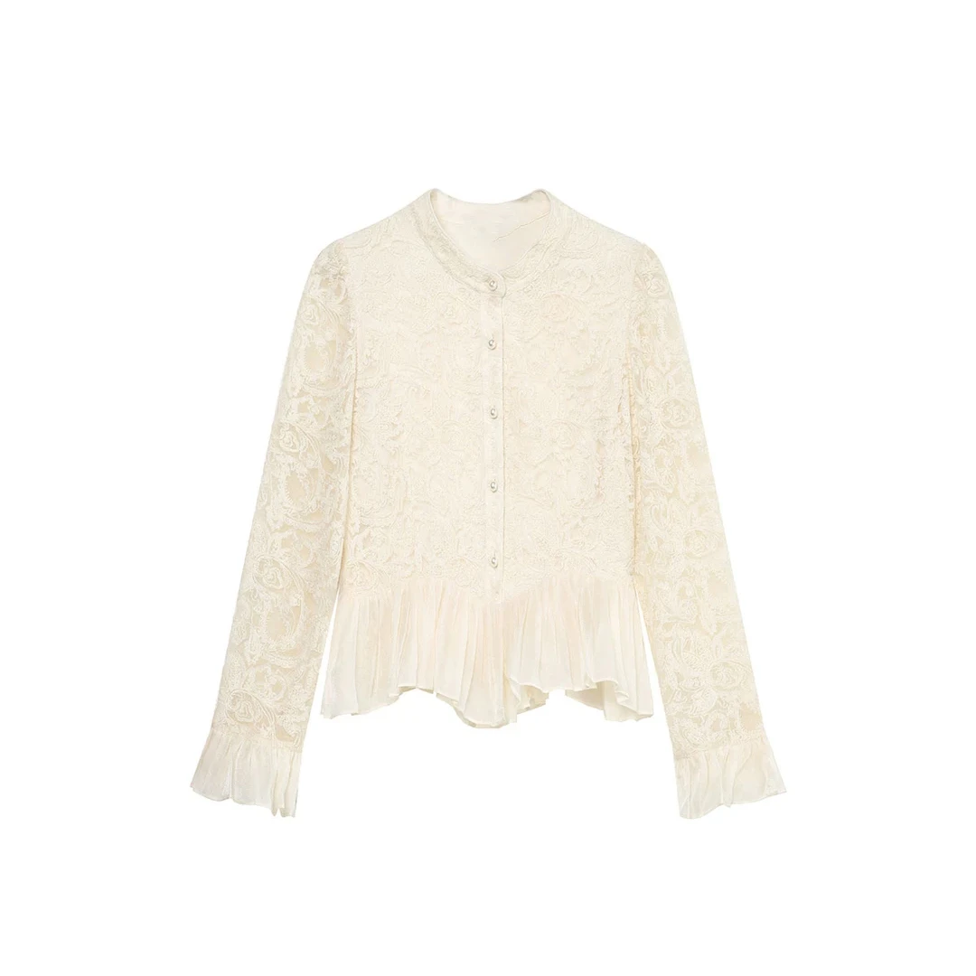 25春时尚无弹圆领镂空花荷叶边女式衬衫