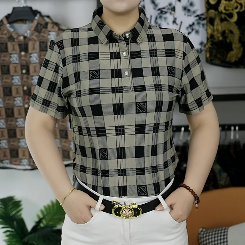 男士短袖polo冰丝印花T恤翻领中年薄款宽松半袖商务免烫衬衣碎花