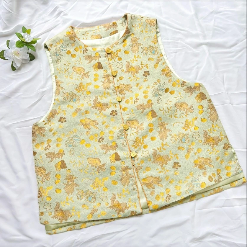 宜时定制·金鱼海藻·非遗宋锦桑蚕丝新中式儿童宽松圆领休闲马甲