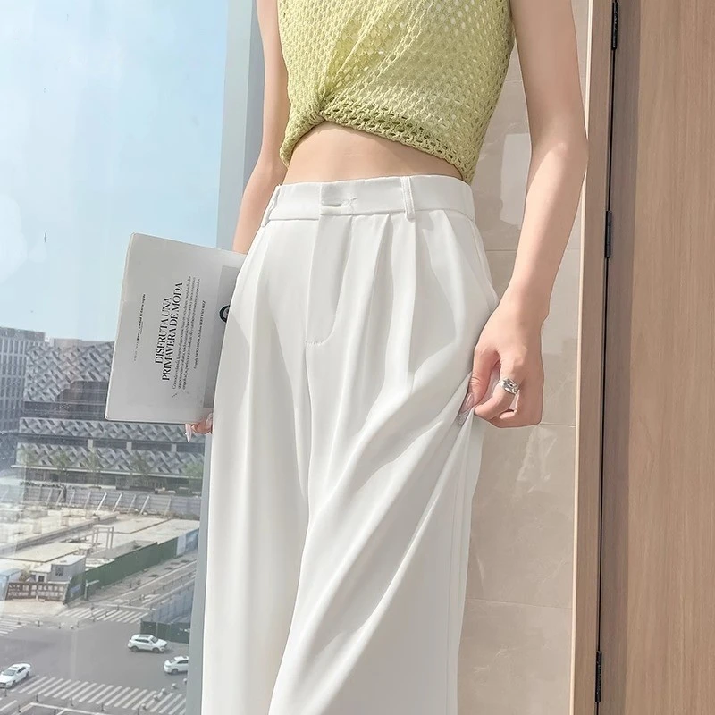 白色冰丝阔腿裤女夏季薄款高腰垂感雪纺凉凉裤窄版直筒休闲西装裤