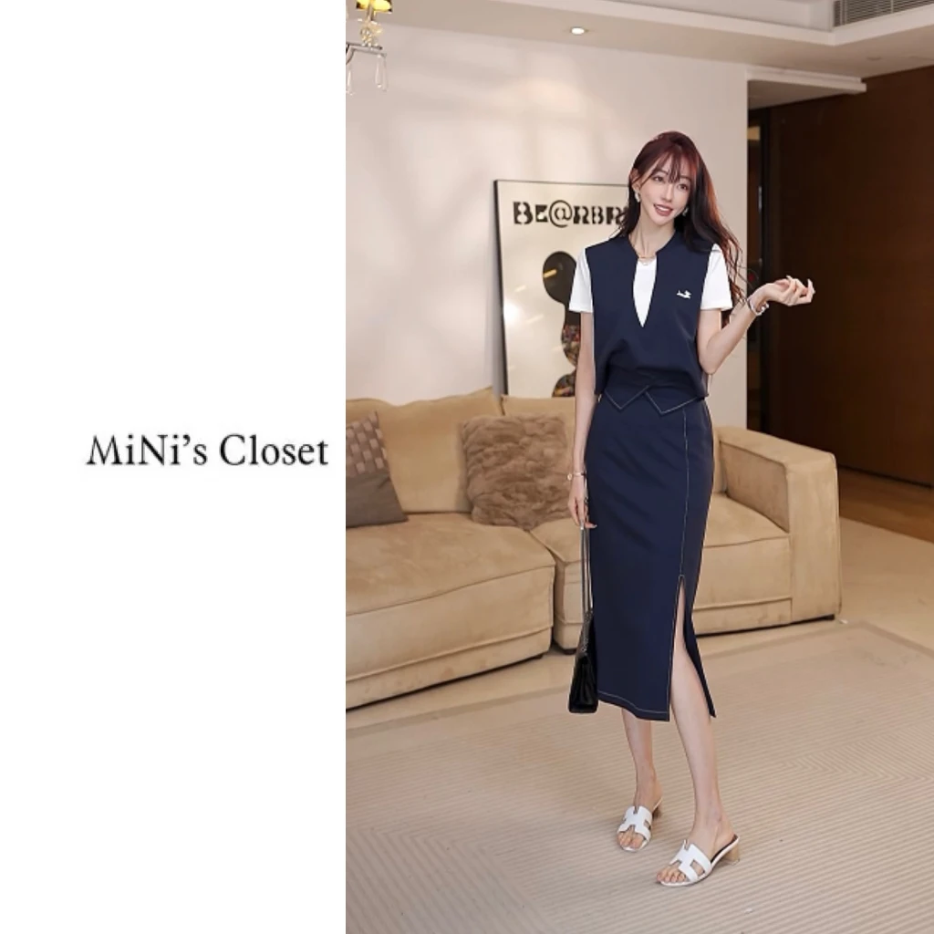 【首尔佳人】新款洋气时尚百搭假两件衬衫设计感半裙套装女JE1162