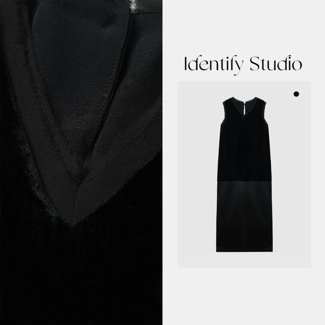 IDENTIFY“黑色拼接长裙”夏季新款时尚百搭V领醋酸连衣裙25SS