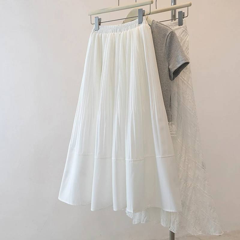 时间季白色半身裙小个子2025新款夏中长款a字飘逸大摆伞裙百褶裙
