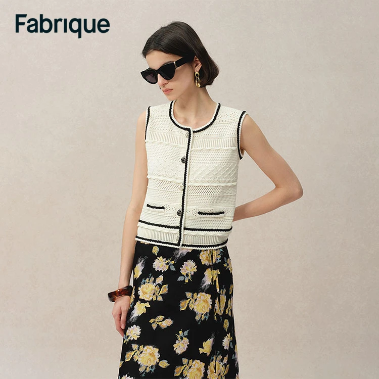 Fabrique Silvy 春夏新款山茶花钻扣棉针织撞色复古镶边背心马甲