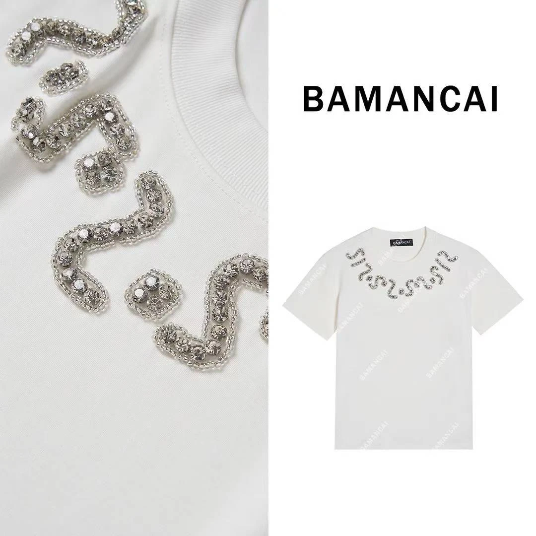 Bamancai-设计感小众镶钻新款夏季时尚百搭潮流纯棉短袖女T恤