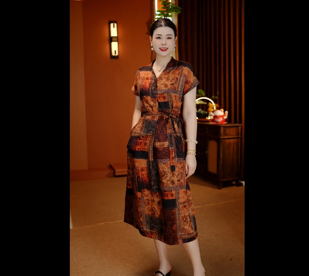【织炎】中国风夏季刻丝提花V领长款品质减龄女装连衣裙