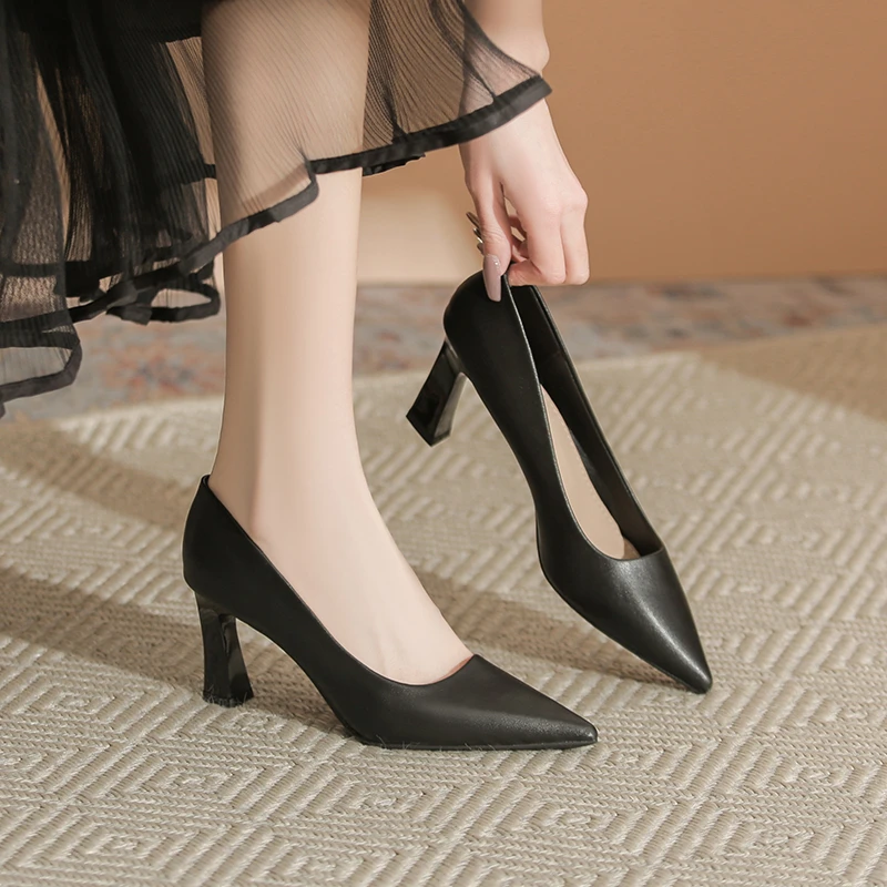 真皮黑色高跟鞋女通勤职业上班工作鞋7厘米不累脚粗跟浅口单鞋女
