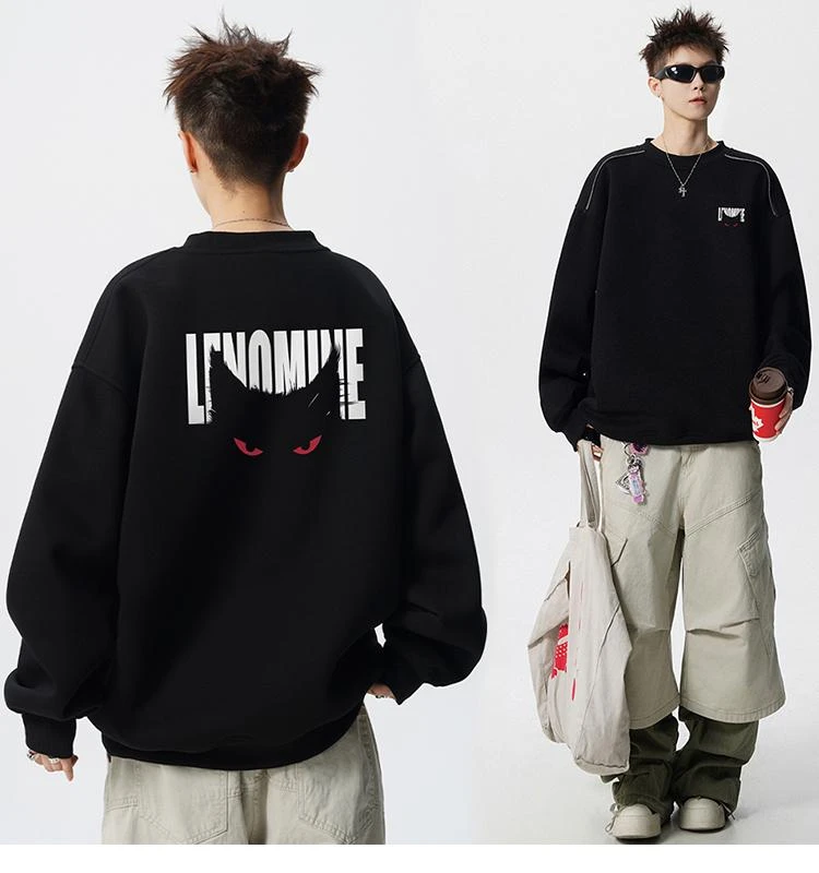 重磅美式设计感圆领卫衣男秋季恶魔字母日系T恤嘻哈长袖t恤男款