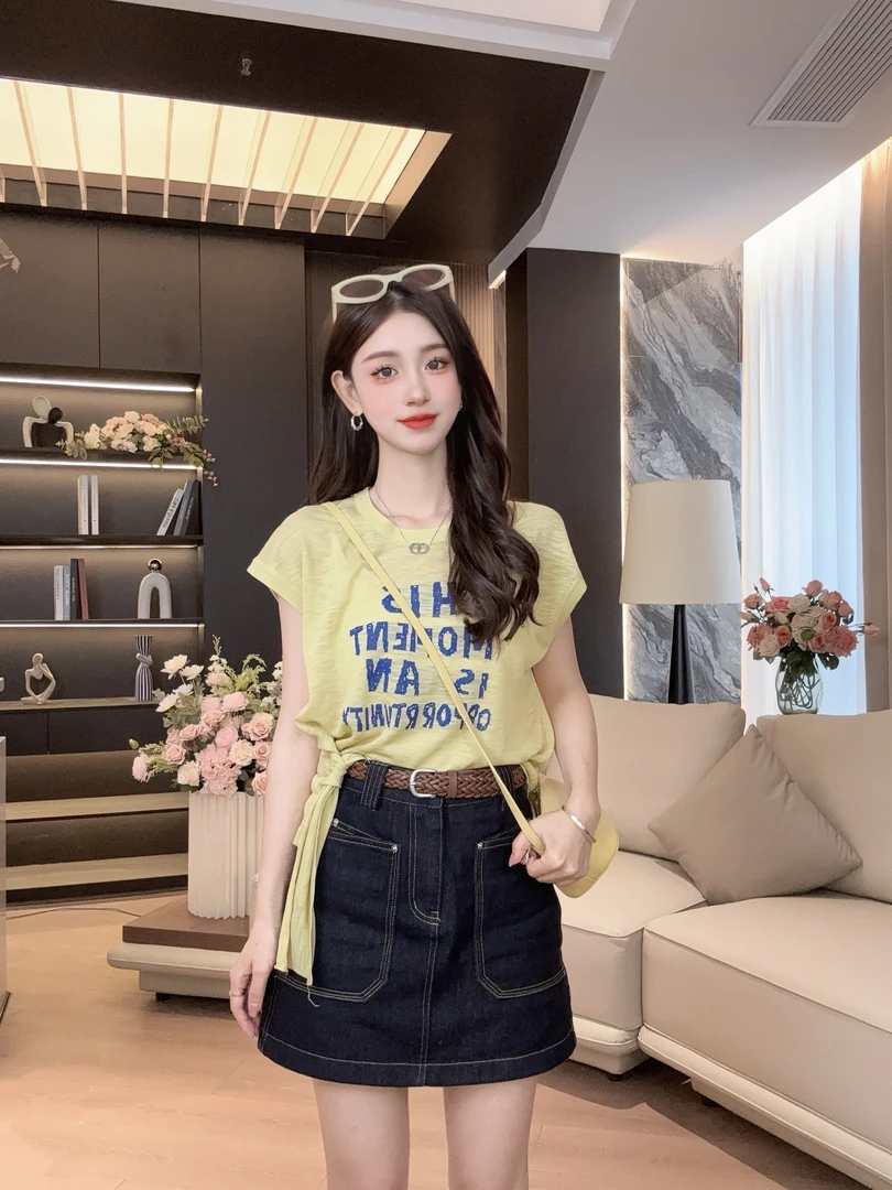 【至简凉感】美式复古小众宽松休闲圆领绑带字母短袖T恤ZZ1288