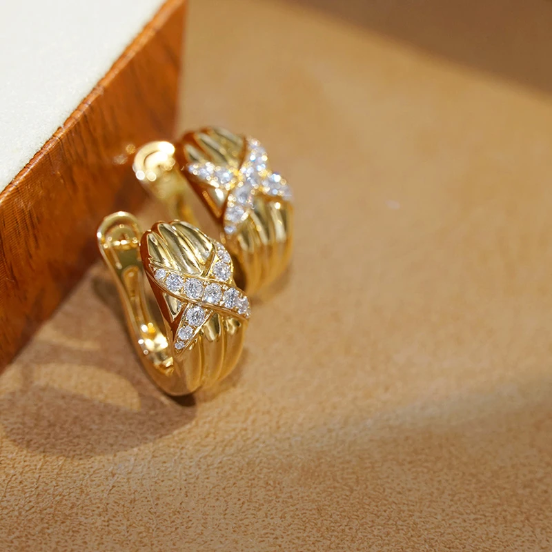 意大利中古风18K金钻石耳饰简约交叉百搭耳扣耳拍原创设计师款