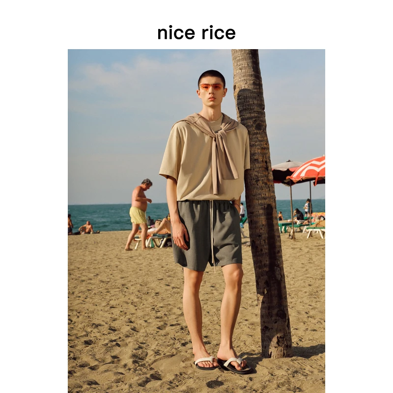 nice rice好饭 25夏季新品仿麻肌理宽松撞色编织抽绳短裤NHX11077