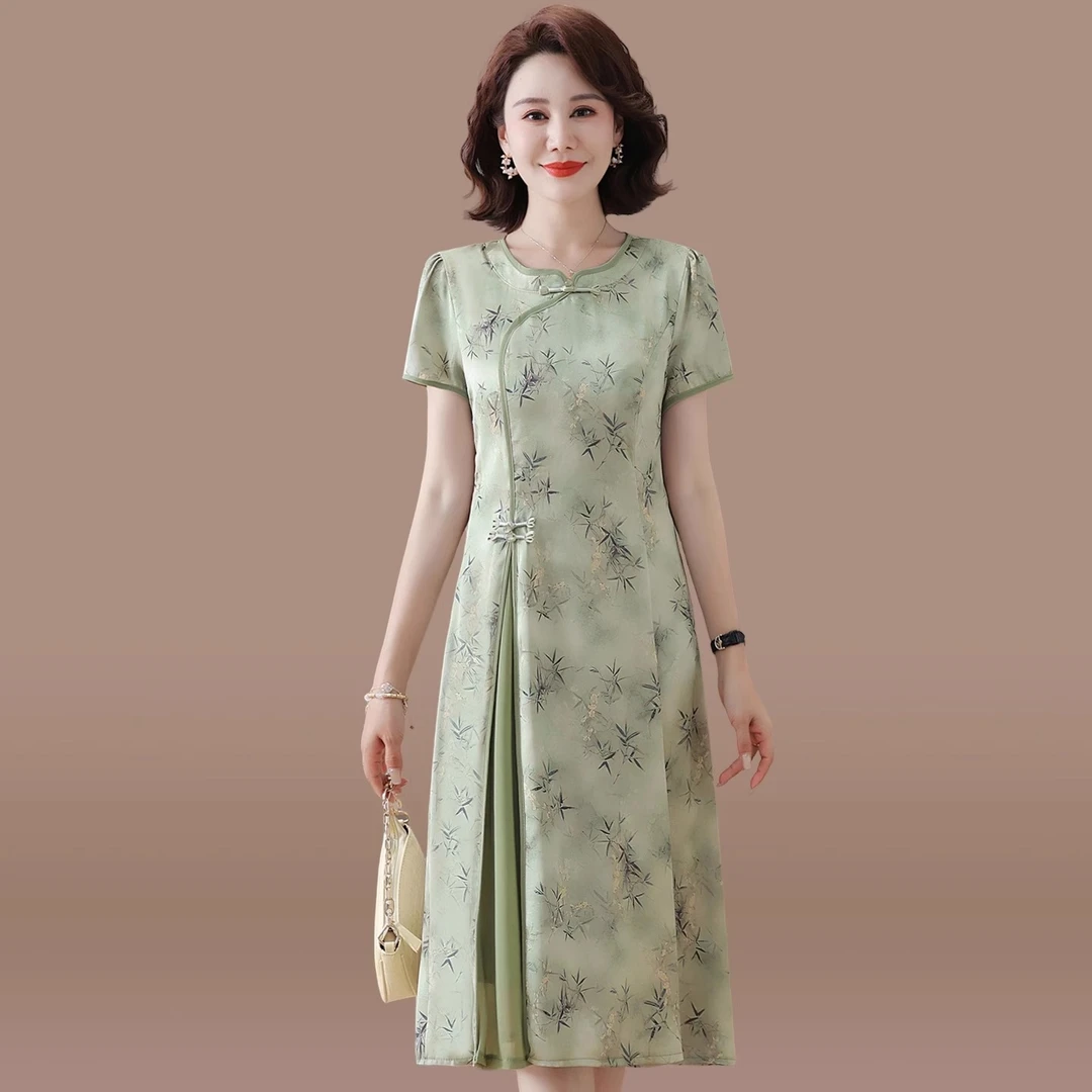 端庄优雅妈妈连衣裙夏中式国风2025新款中老年女夏装短袖雪纺裙子