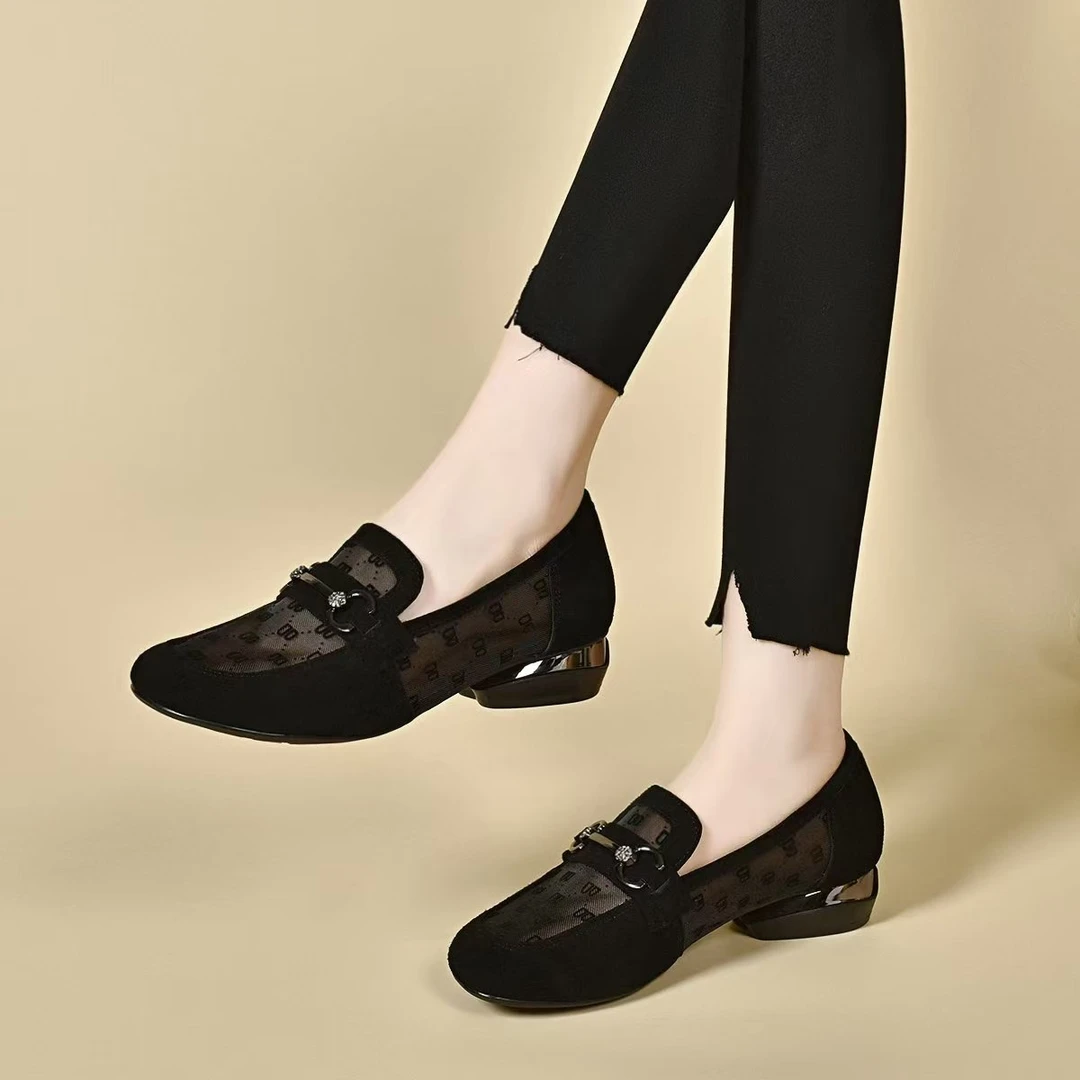 网纱粗跟乐福鞋真皮磨砂网面女鞋百搭低跟包头凉鞋圆头透气网鞋女