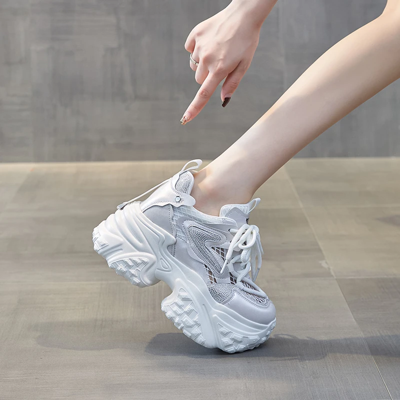 艾格鸟增高9cm老爹鞋女薄款2025新款网面透气休闲厚底内增高女鞋