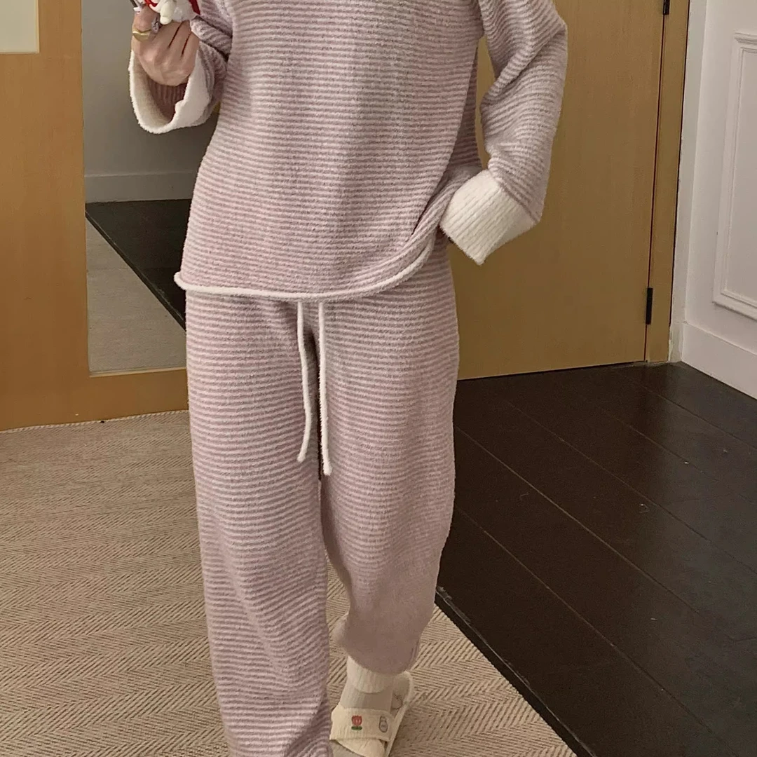 西班牙单 软绵绵半边绒睡衣套装女显白条纹加绒休闲家居服可外穿