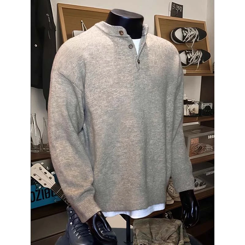 灰色美式复古亨利领毛衣男款秋冬高级慵懒风cleanfit打底针织外套