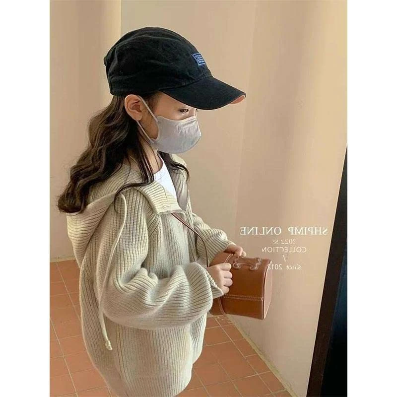 女童针织毛衣春秋冬装2025新款儿童宝宝洋气连帽开衫拉链上衣外套