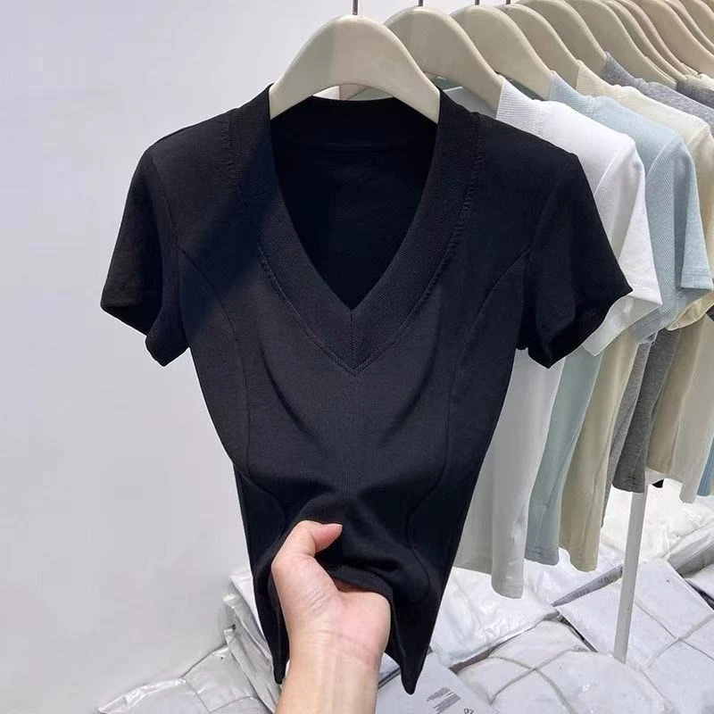 欧若风V领螺纹短袖T恤女百搭夏季新款修身短款显瘦鱼骨收腰上衣