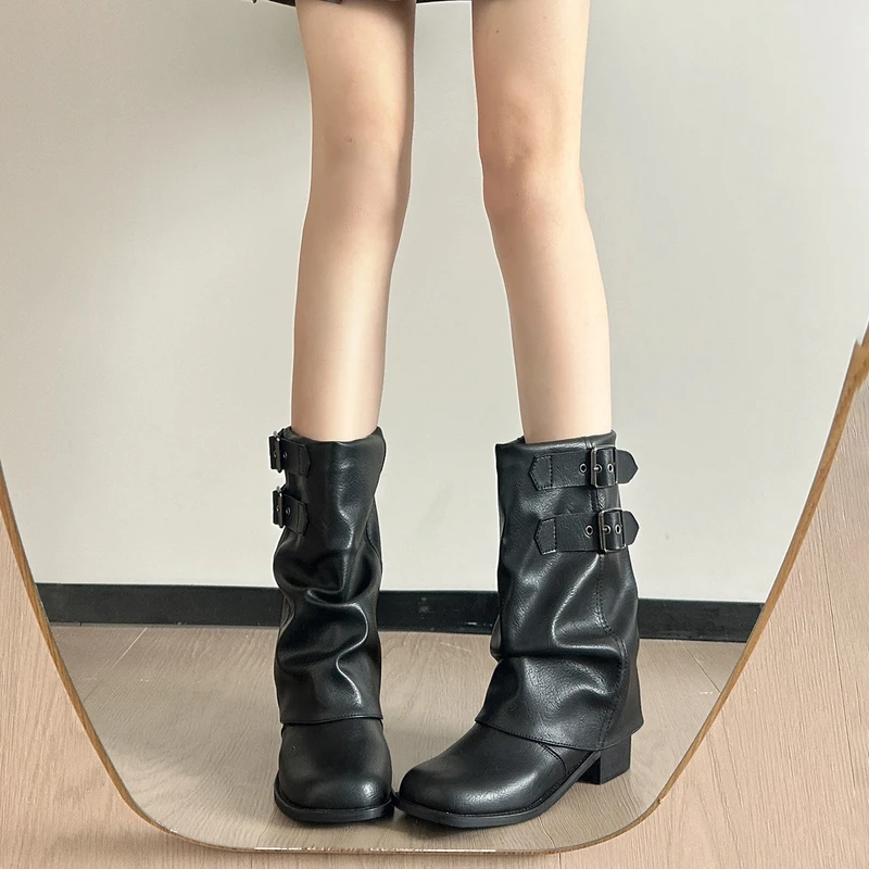 品牌复古褶皱粗跟女靴2025秋季新款褶皱裤管靴西部牛仔短筒骑士靴