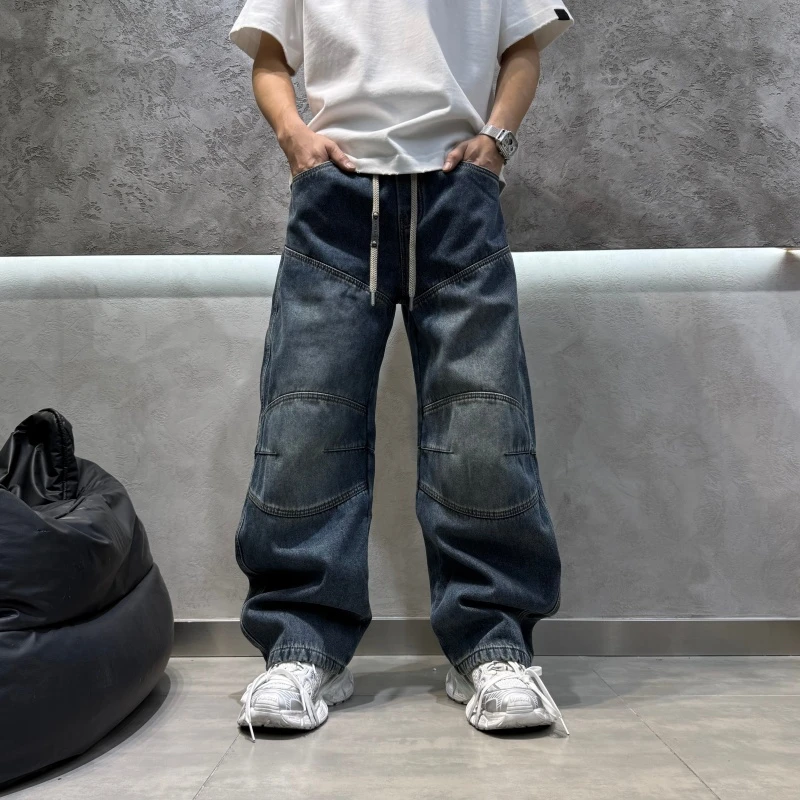 冬季男士直筒加绒牛仔裤宽松拼接设计立体剪裁美式水洗做旧老爹裤