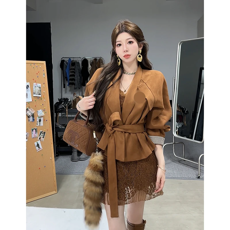 小雨姐姐秋款上新【老钱千玺】时尚V领系带休闲短外套女秋冬新款