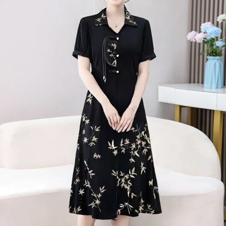 新中式假两件连衣裙妈妈洋气显瘦过膝复古气质裙子夏季女士连衣裙