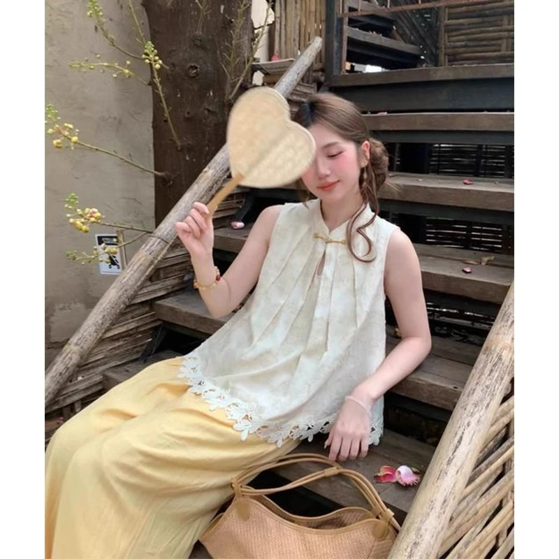 夏季新中式气质套装马甲上衣裤子两件套