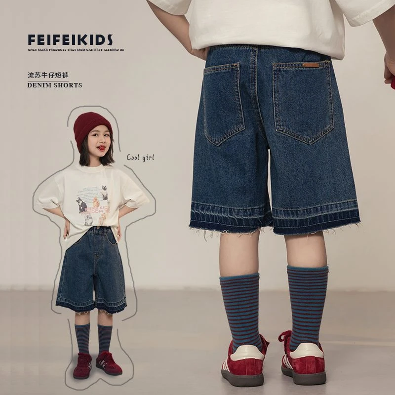 女童牛仔短裤宽松2025新款儿童夏季洋气拼接过膝中裤百搭童装裤子