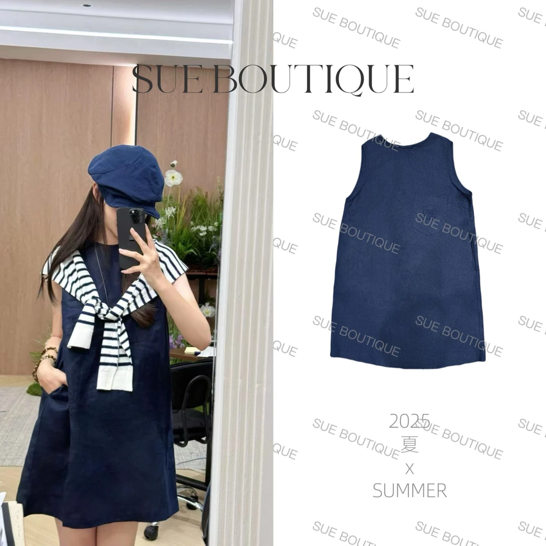 【M系格雷】藏蓝100亚麻宽松休闲气质连衣裙