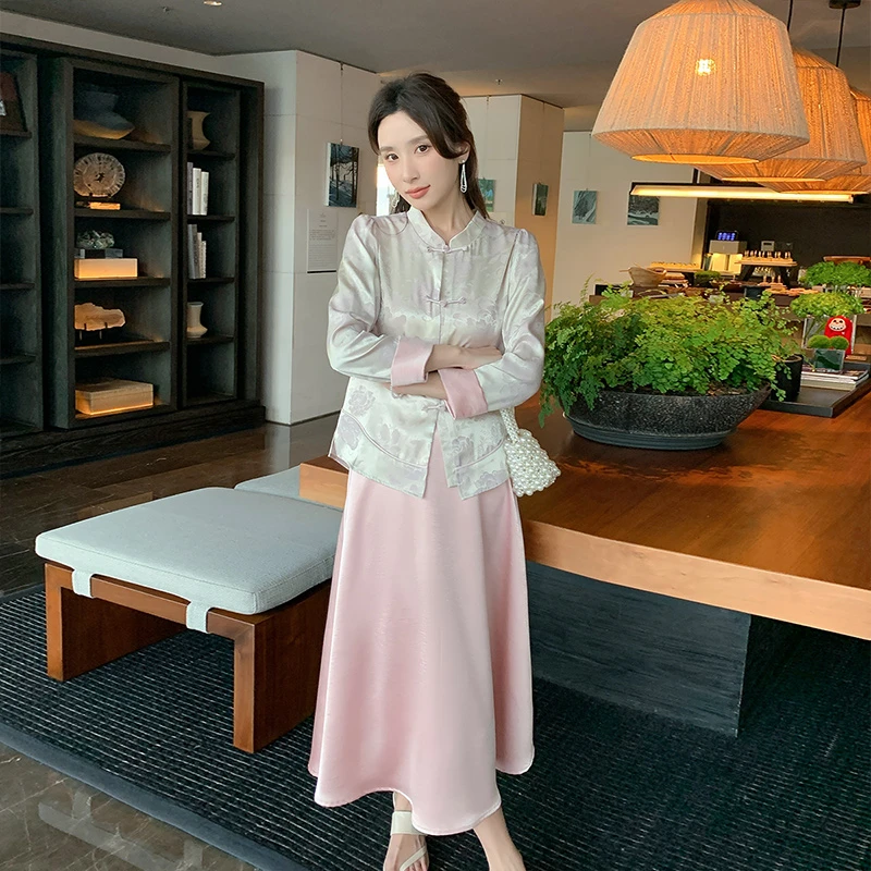 奢姿大码女装2025夏季时尚立领长袖套装胖妹妹气质减龄印花两件套