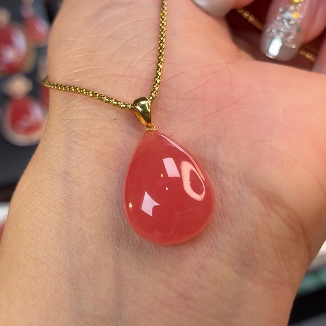 菱锰矿（红纹石）18K金镶嵌吊坠(不含链)