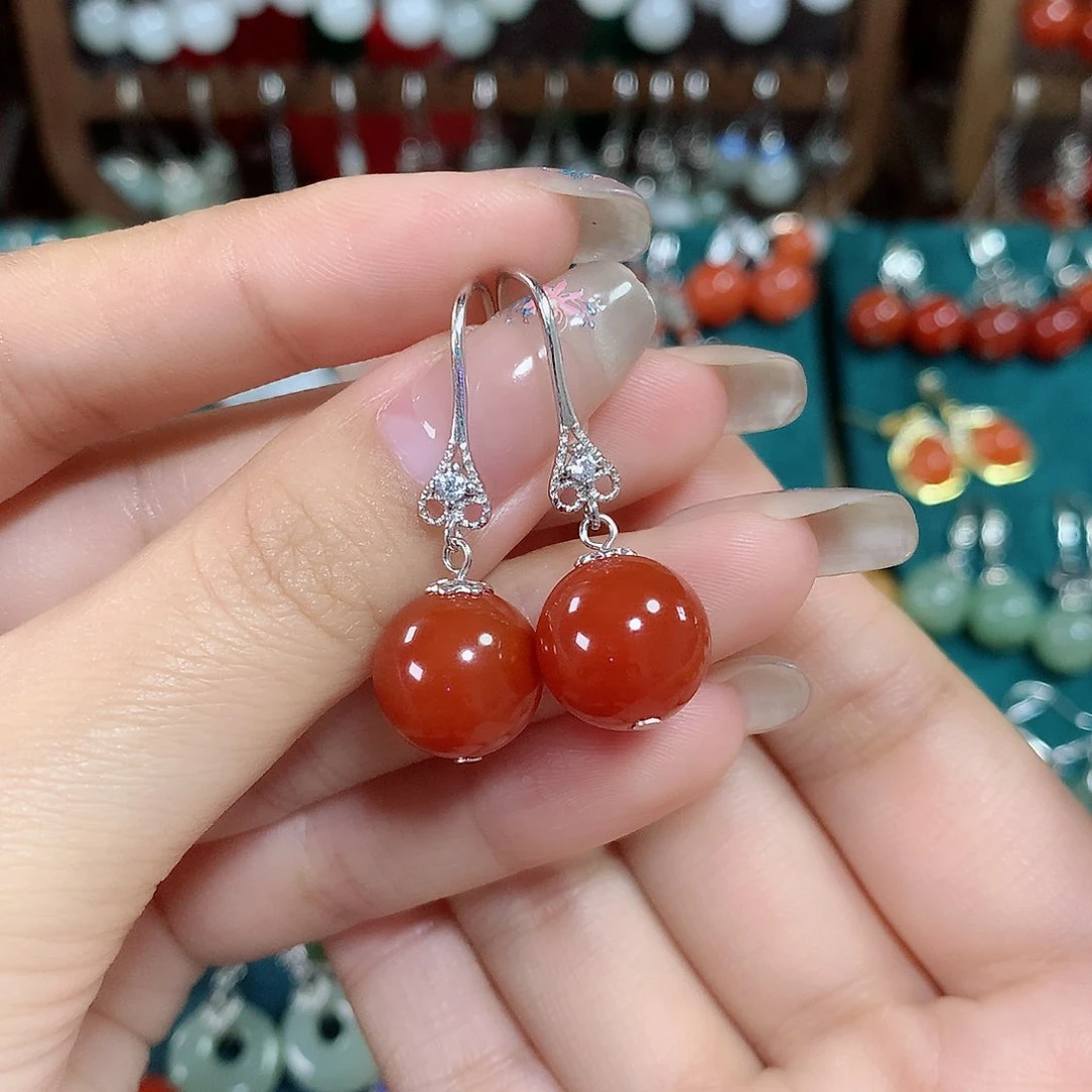 玛瑙/玉髓耳饰银S925镶嵌天然红玛瑙12mm左右