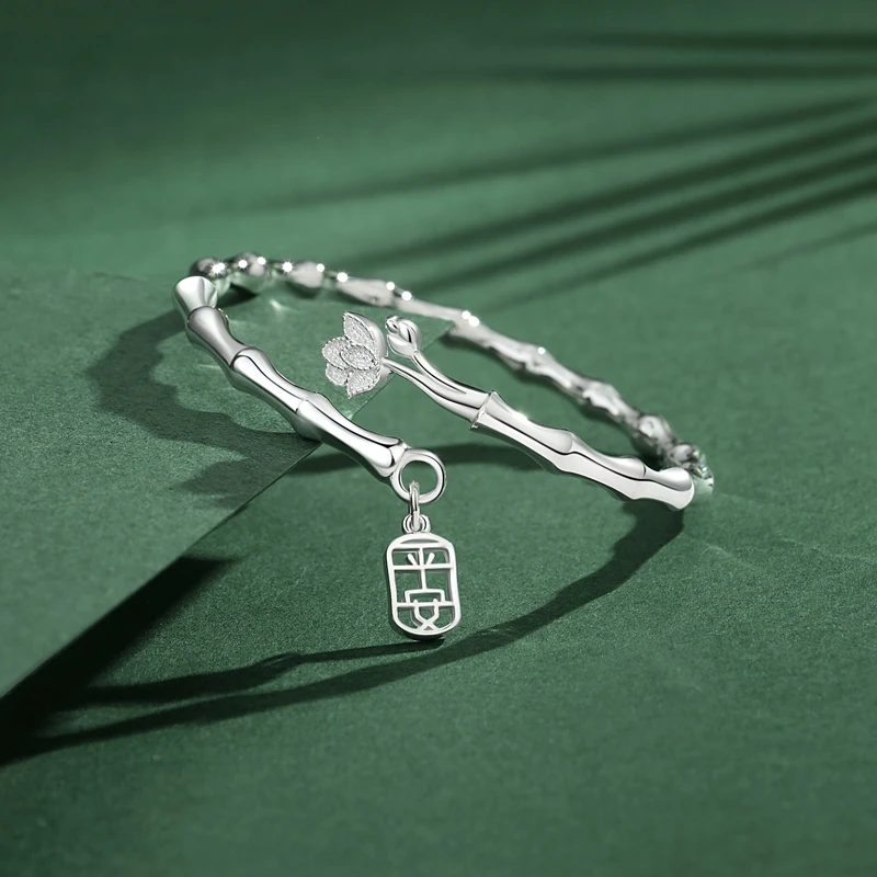 足银手镯 足银999.9竹节莲花纯银手镯女