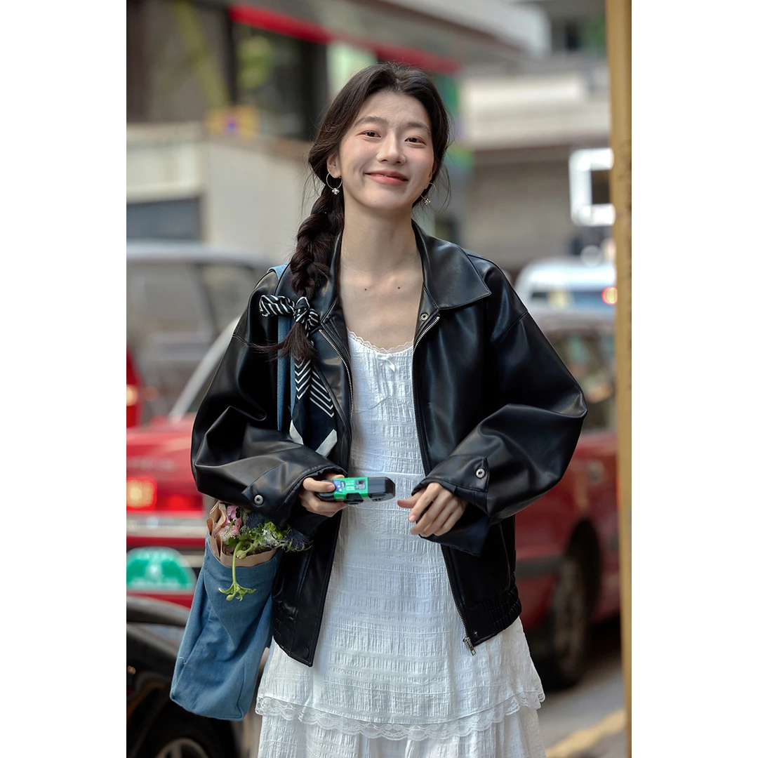 觅定黑色短外套女2025早春高级感显瘦气质PU拉链上衣DS9916