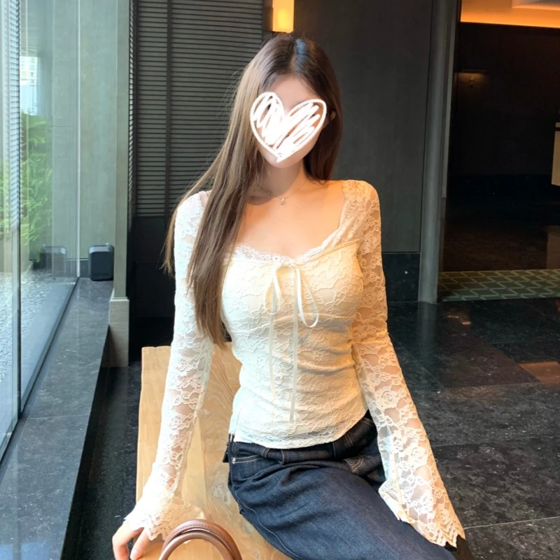 2025年秋冬新款法式绑带蕾丝t恤花边内搭打底长袖T恤修身显瘦上衣