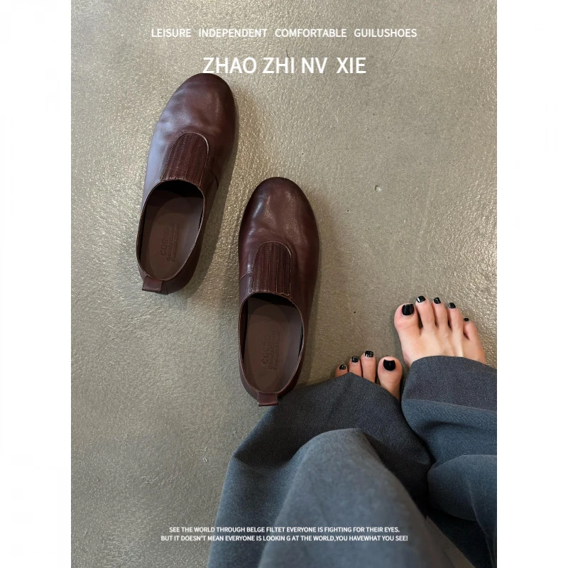 羊皮版~2025新款复古风圆头内百搭舒适软底浅口简约单鞋外穿