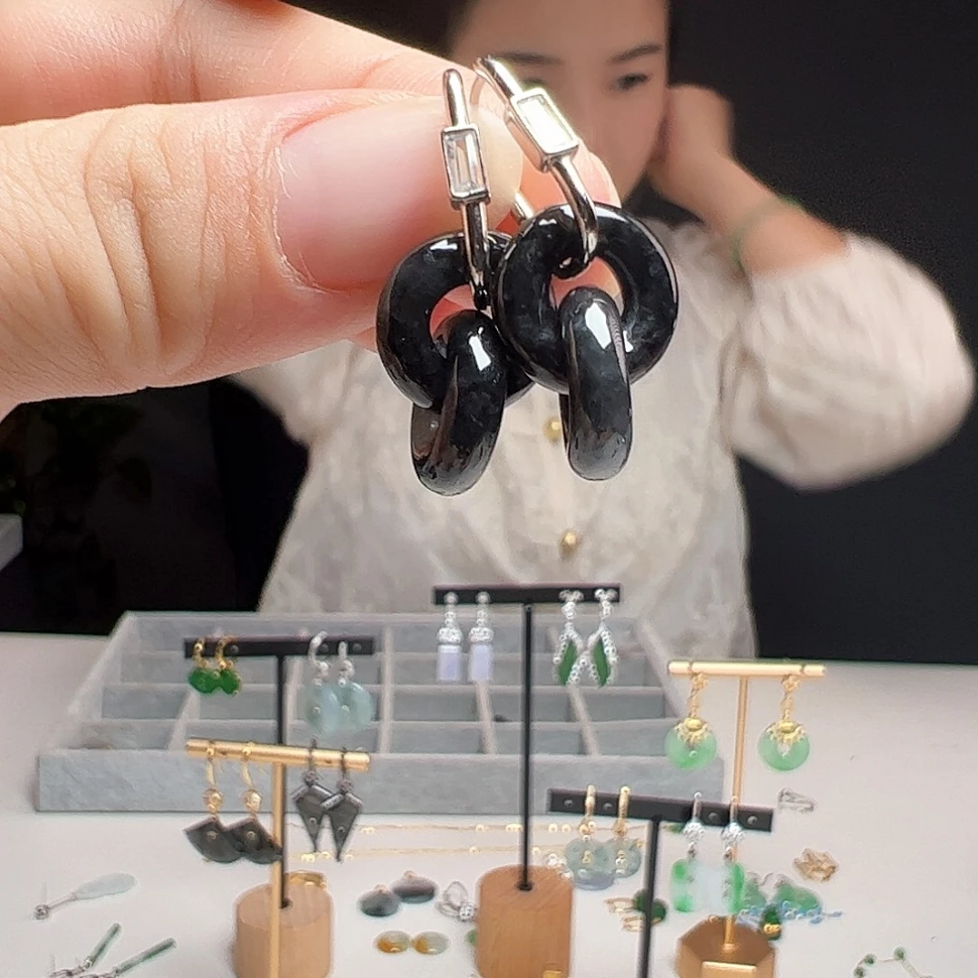 银S925镶嵌翡翠耳饰天然翡翠