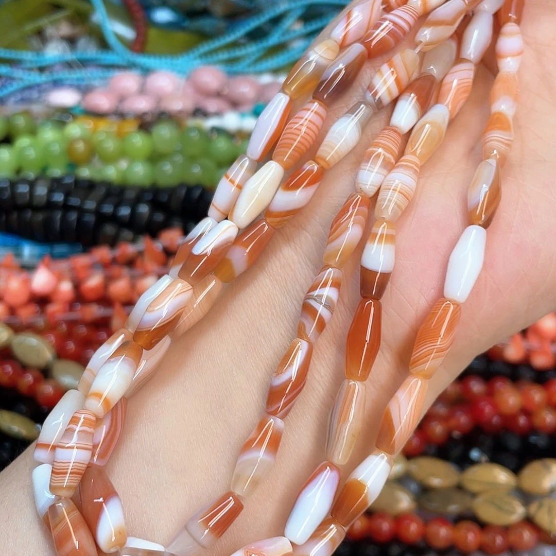 玛瑙/玉髓合金珠宝半成品红缠丝玛瑙双尖天珠卡6一条