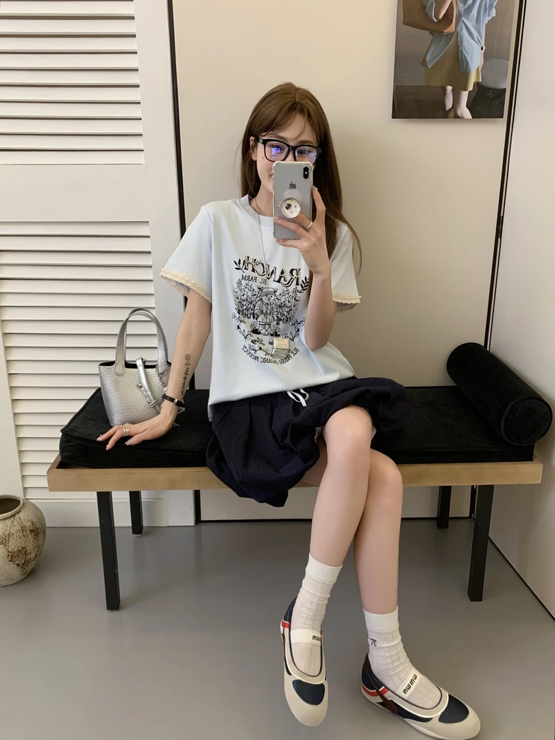 【花朵小熊】小熊精品刺绣女装新款休闲活力简约撞色圆领短袖015