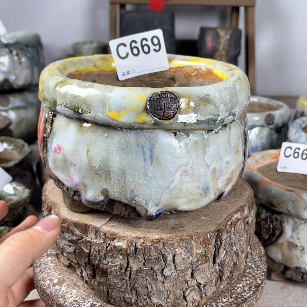 紫砂花盆孤品 不规则油画山石中号包子 内口10.5