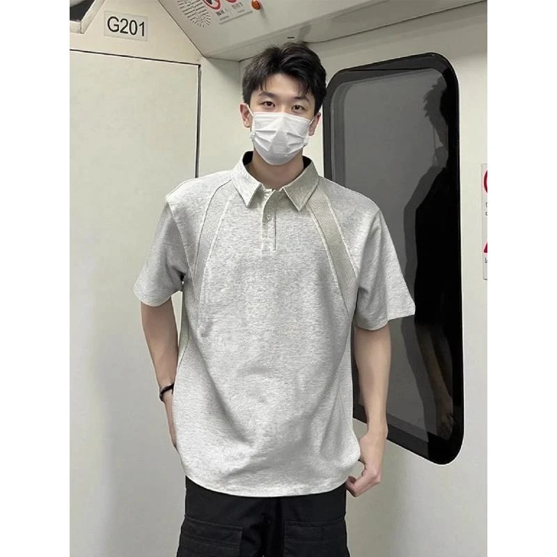 液氨太空棉短袖POLO衫男夏季解构拼接插肩T恤boxy版型正肩五分袖