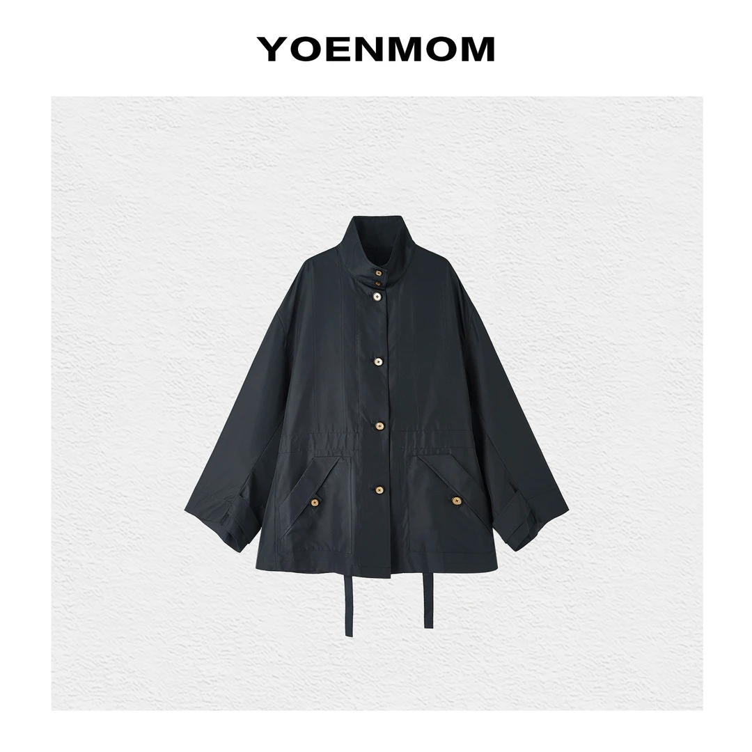YOENMOM·新风潮·100桑蚕丝小众设计师款chao轻盈软薄休闲立领风衣