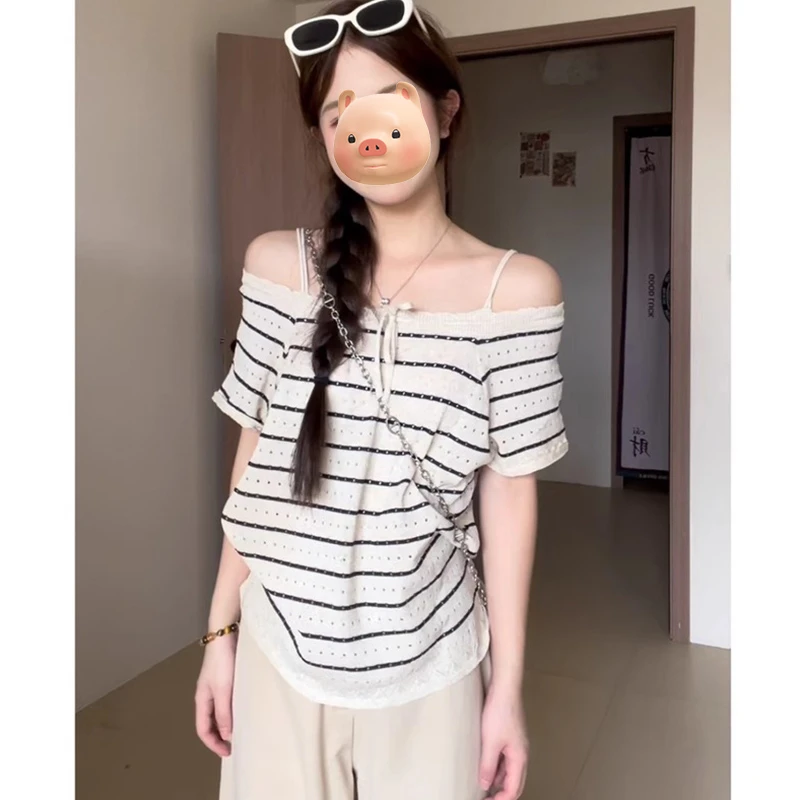 法式方领一字肩撞色条纹镂空针织短袖T恤女夏季薄款修身露肩上衣