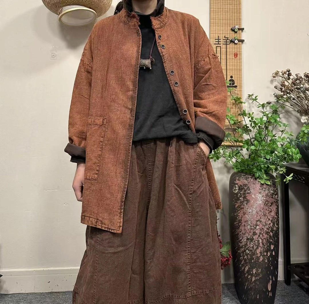 冬季亚麻新品棉服大码宽松复古文艺休闲女士棉外套 胸围142长80